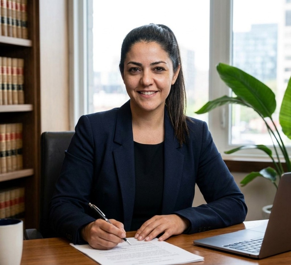 Shabnam Sayyad at her desk, Invision Paralegal Services